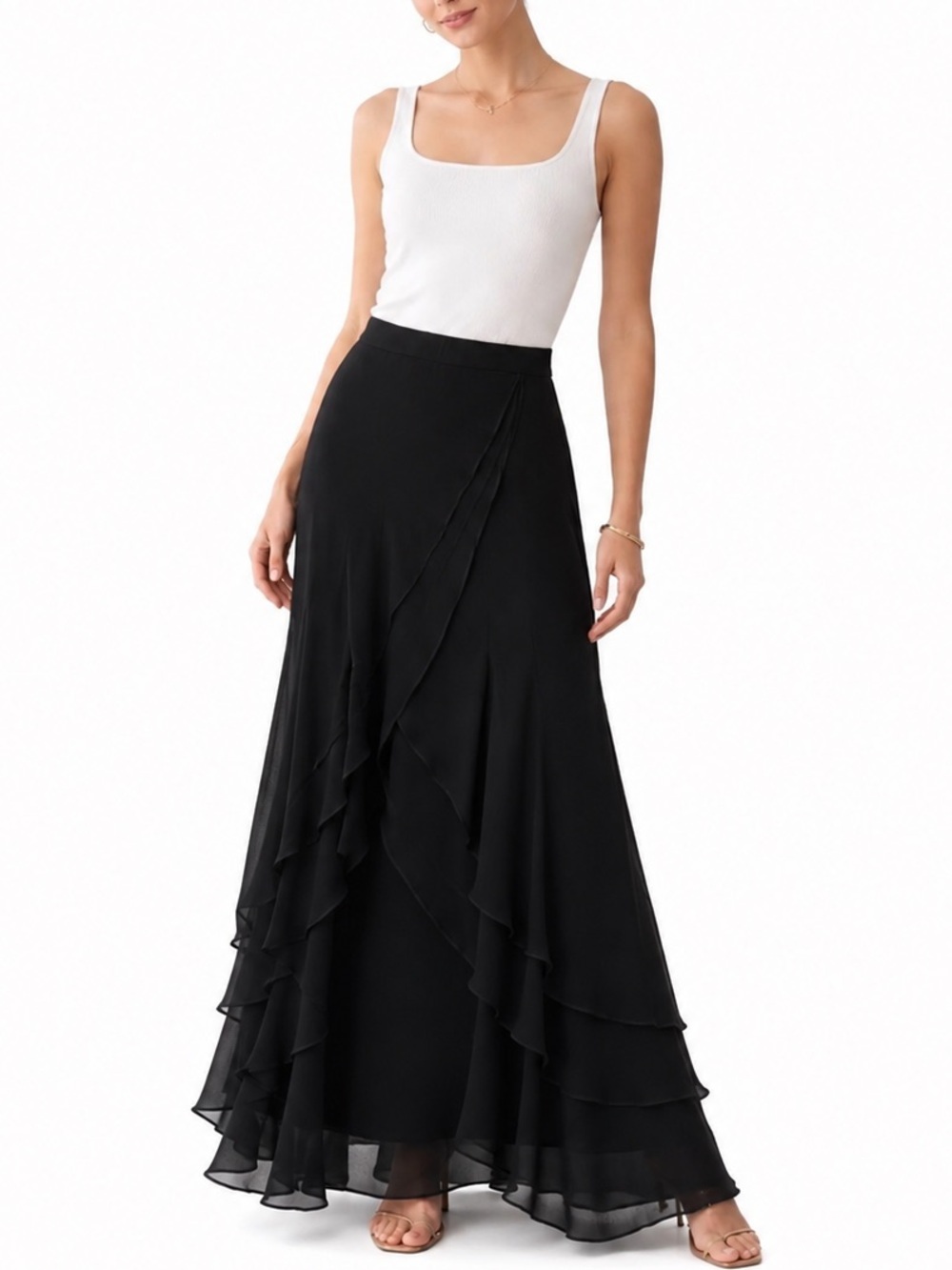 ST. JOHN EVENING BY MARY GRAY VINTAGE Elegant Black Ruffle 100% Silk Maxi Skirt
